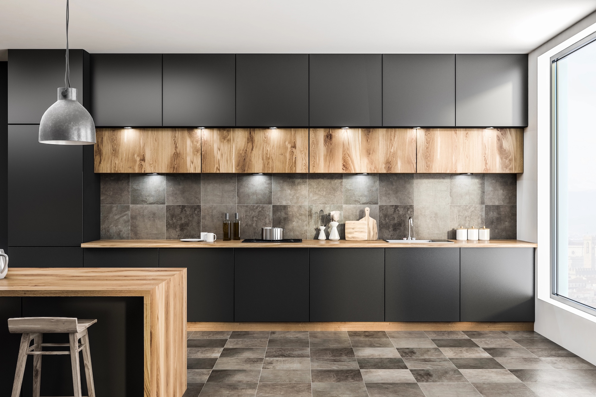 Gray kitchen with counters and bar